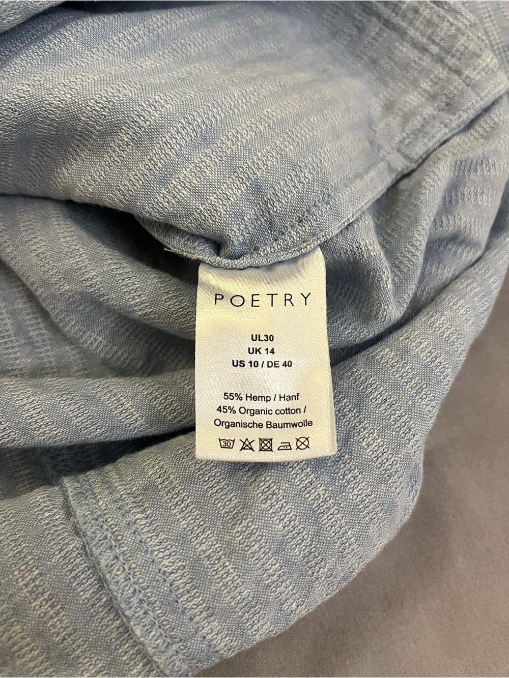 Poetry Half Button Down Shirt Women’s Baby Blue And White Hemp & Cotton US 10 - Picture 5 of 6